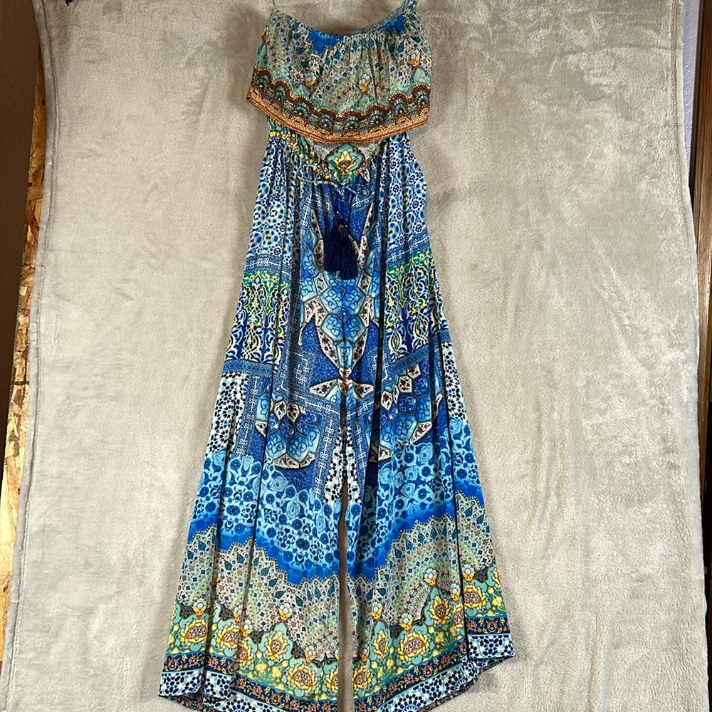 Shahida Parides bohemian silk print wide leg strapless jumpsuit sz M
